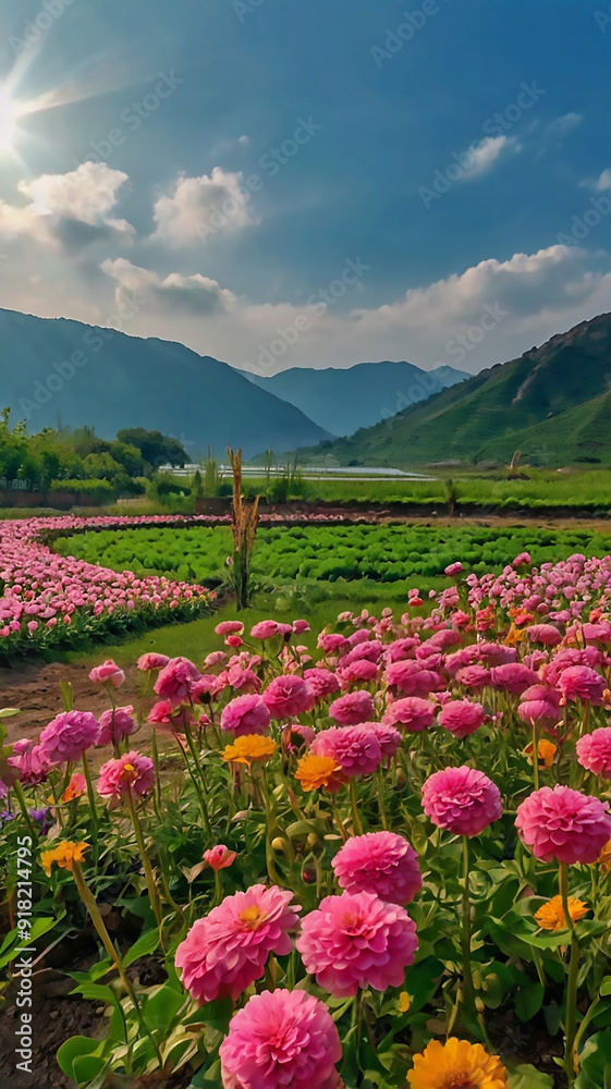 a small waterfall with flowers and a waterfall in the background. a small waterfall with flowers and a waterfall in the background.