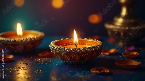 Indian festival Diwali, Diya oil lamps lit on colorful rangoli. Hindu traditional. Happy Deepavali. Copy space for text.