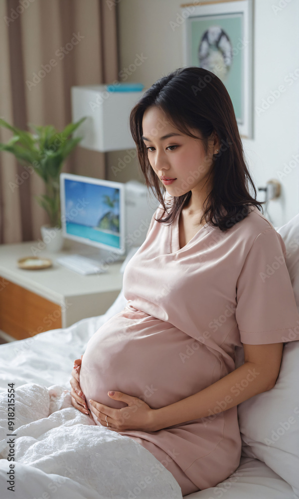A pregnant woman is seated on a hospital bed. A pregnant woman is seated on a hospital bed.