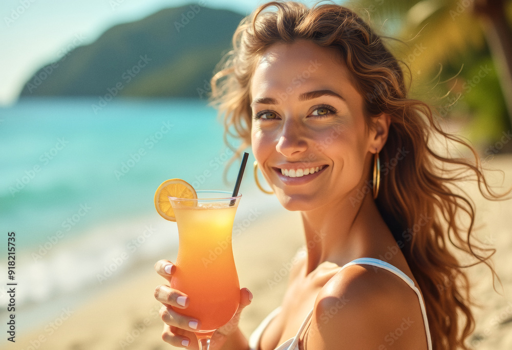 A portrait headshot photo of a gorgeous person posing with a cocktail glass drink, on a tropical resort beach, hotel resort commercial, ocean background A portrait headshot photo of a gorgeous person posing with a cocktail glass drink, on a tropical resort beach, hotel resort commercial, ocean background