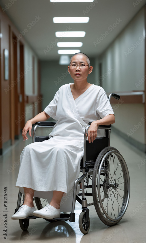 A woman, seated in a wheelchair and clad in a hospital gown, rests in the hallway of a hospital. A woman, seated in a wheelchair and clad in a hospital gown, rests in the hallway of a hospital.