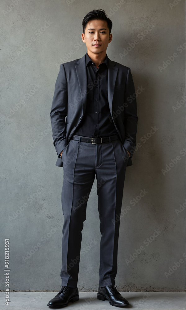 a man in a grey suit stands in front of a gray wall. a man in a grey suit stands in front of a gray wall.