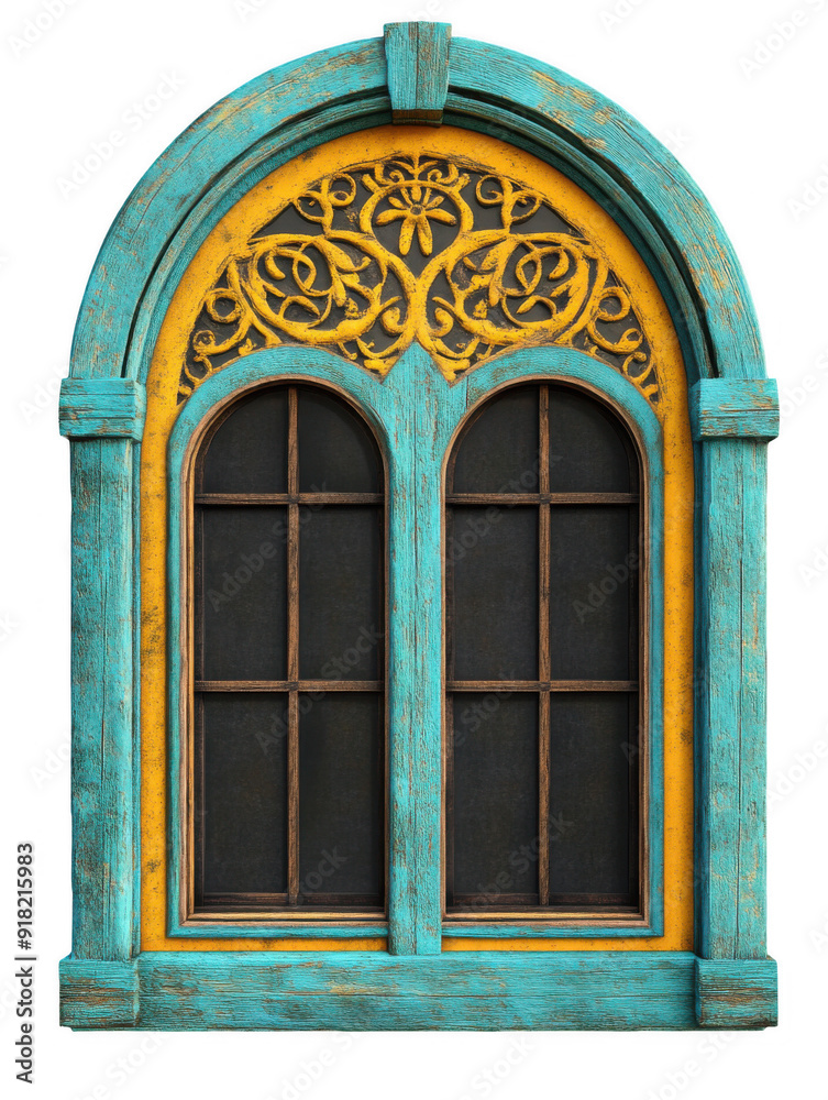 Turquoise Arched Window with Yellow Border
