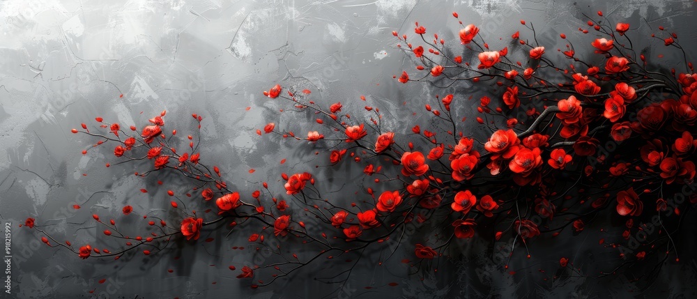 A high-contrast image of a black and white wall with a splash of red flowers bursting through.