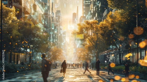 In a futuristic cityscape, humans and AI robots interact harmoniously in everyday life. Advanced holographic interfaces float around them as they collaborate on various tasks. The vibrant photo