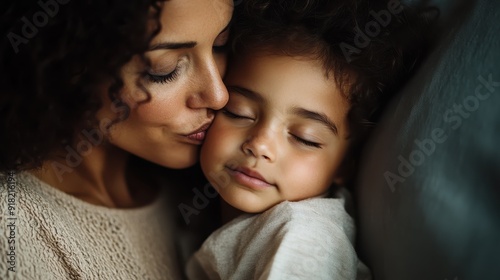 A close-up image showing a mother affectionately kissing her sleeping child, illustrating a heartfelt bond and the deep love and care between them in a serene moment.