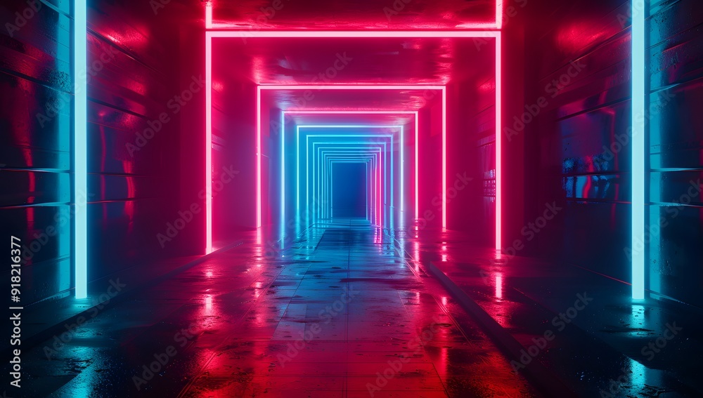 3d render, abstract futuristic background with neon blue and red light in dark room. Digital wallpaper for video game or motion design. 3d render, abstract futuristic background with neon blue and red light in dark room. Digital wallpaper for video game or motion design.