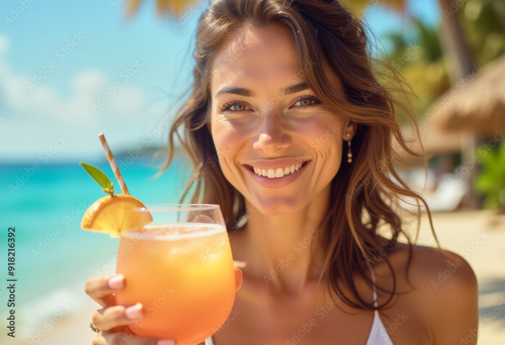 A portrait headshot photo of a gorgeous person posing with a cocktail glass drink, on a tropical resort beach, hotel resort commercial, ocean background A portrait headshot photo of a gorgeous person posing with a cocktail glass drink, on a tropical resort beach, hotel resort commercial, ocean background
