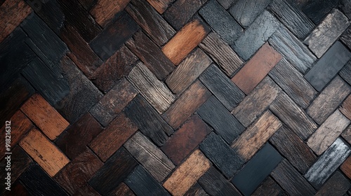 A detailed view of a wooden floor showcasing an overlapping herringbone pattern. Various shades of wood enhance the design and depth of the surface. photo