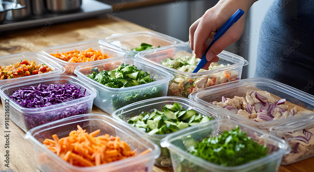 A person is preparing meals in plastic containers on the table