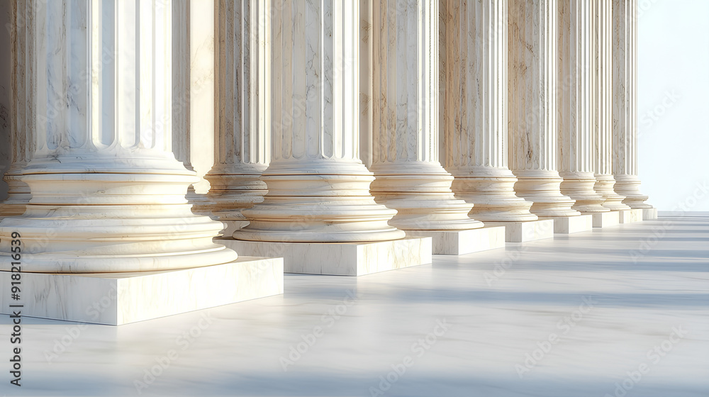 Side view of the Supreme Court's marble columns, isolated on white background, intricate carvings and shadows Side view of the Supreme Court's marble columns, isolated on white background, intricate carvings and shadows