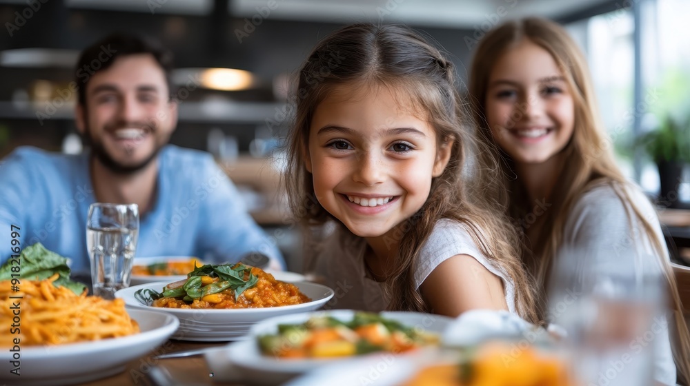 A family of three is sitting at a table with plates of food in front of them A family of three is sitting at a table with plates of food in front of them