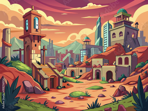 Abandoned city, cartoon hand-drawing, illustration