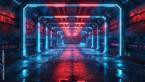 3d render, abstract futuristic background with neon blue and red light in dark room. Digital wallpaper for video game or motion design.