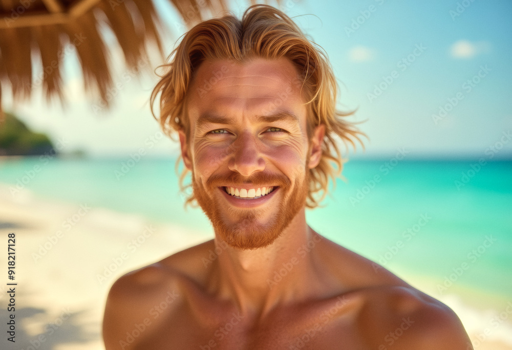 A portrait headshot photo of a gorgeous person posing with a cocktail glass drink, on a tropical resort beach, hotel resort commercial, ocean background