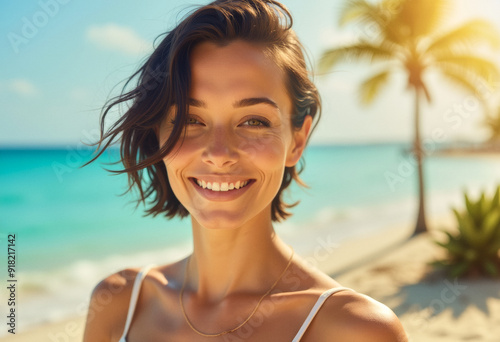 A portrait headshot photo of a gorgeous person posing with a cocktail glass drink, on a tropical resort beach, hotel resort commercial, ocean background