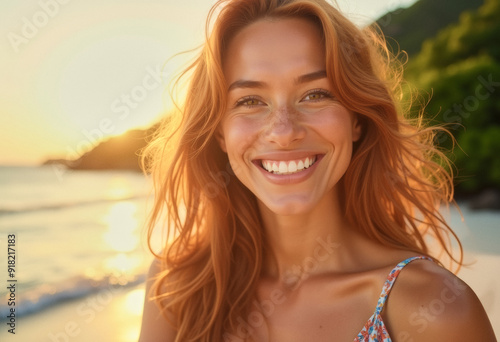 A portrait headshot photo of a gorgeous person posing with a cocktail glass drink, on a tropical resort beach, hotel resort commercial, ocean background