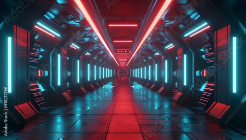 3d render, abstract futuristic background with neon blue and red light in dark room. Digital wallpaper for video game or motion design.