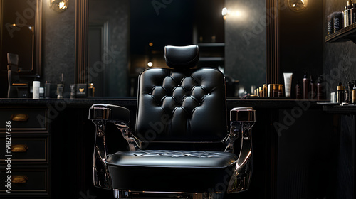Stylish black leather barber chair in front of the mirror in the dark interior of the hairdressing salon