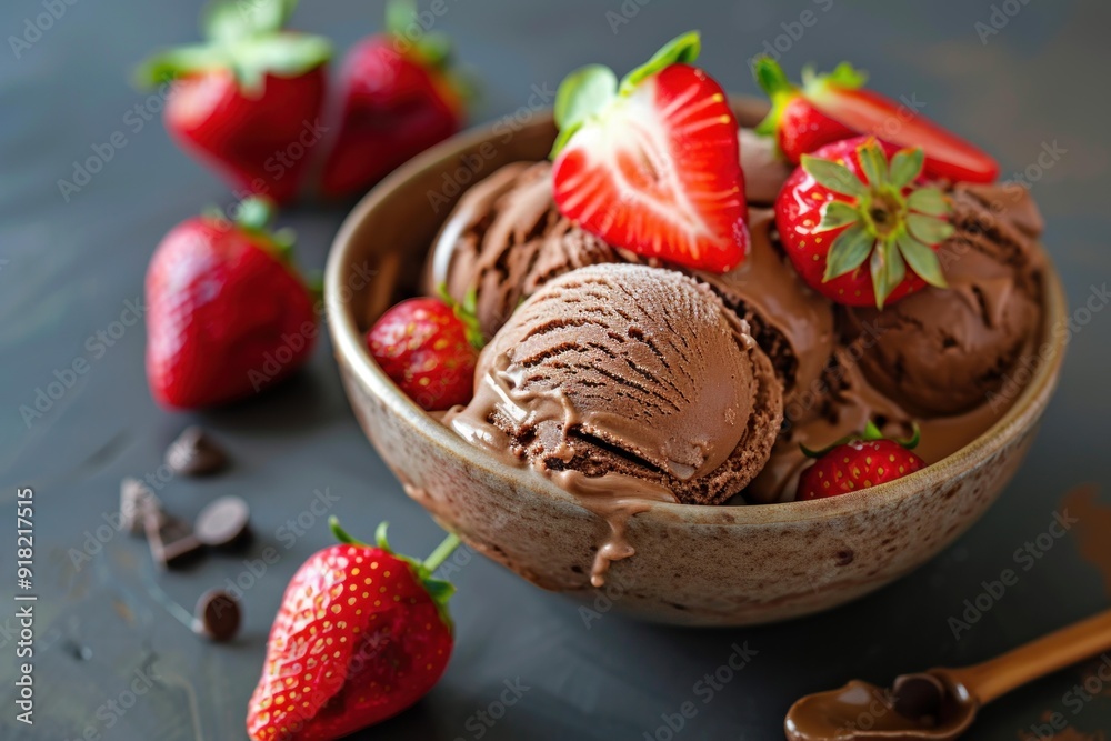 Delicious scoops of rich chocolate ice cream served with ripe strawberries in a ceramic bowl Delicious scoops of rich chocolate ice cream served with ripe strawberries in a ceramic bowl