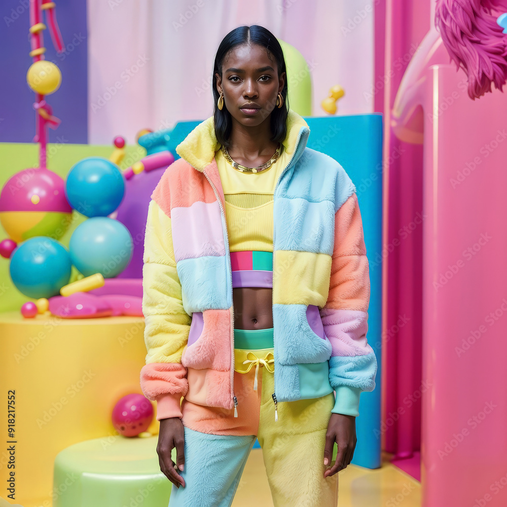 Black young female model in colorful outfit posing against a vibrant studio backdrop Black young female model in colorful outfit posing against a vibrant studio backdrop