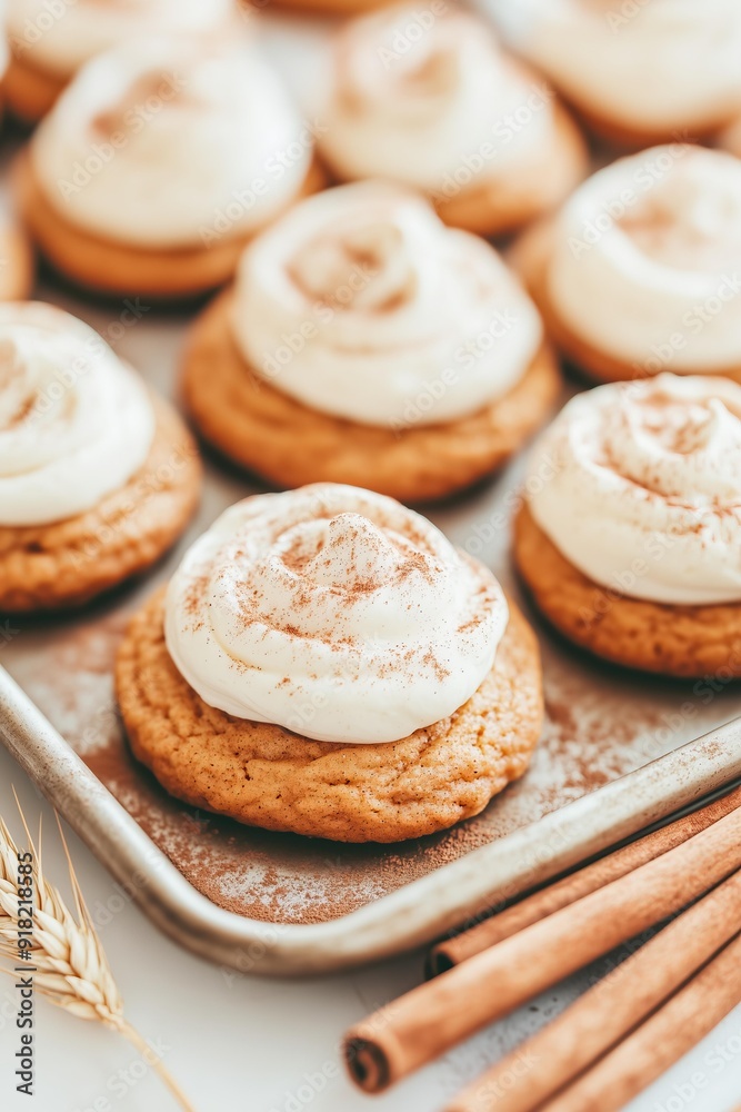 freshly baked pumpkin cookies topped with smooth cream cheese frosting, lightly dusted with cinnamon. The cookies are arranged on a baking tray freshly baked pumpkin cookies topped with smooth cream cheese frosting, lightly dusted with cinnamon. The cookies are arranged on a baking tray
