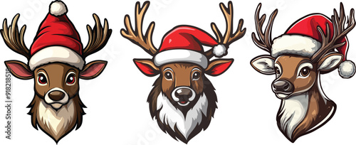 Christmas reindeer head in Christmas Santa hat isolated on Combo vector illustration and White Background