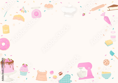 Bakery and baking utensils frame background