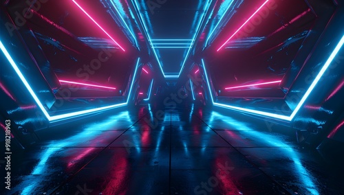 3d render, abstract futuristic background with neon blue and red light in dark room. Digital wallpaper for video game or motion design.