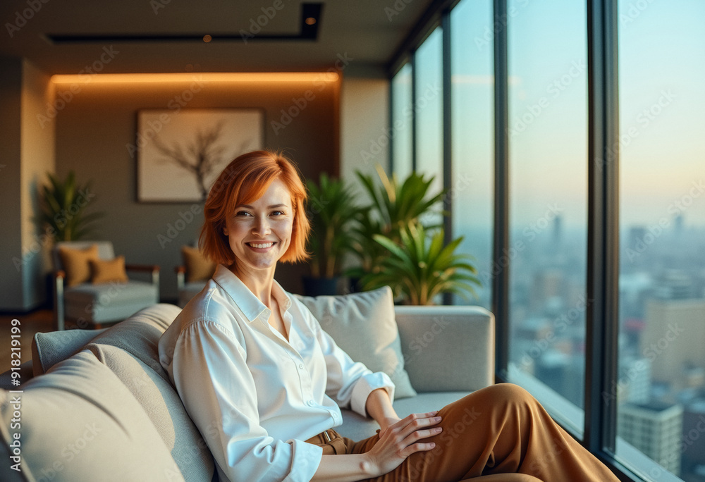 A photo of a penthouse homeowner person relaxing in the apartment with a skyline cityscape view A photo of a penthouse homeowner person relaxing in the apartment with a skyline cityscape view