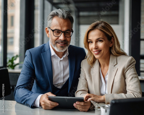 Team of diverse partners sitting at table mature Latin business man and European business woman discussing project on tablet in office, two colleagues