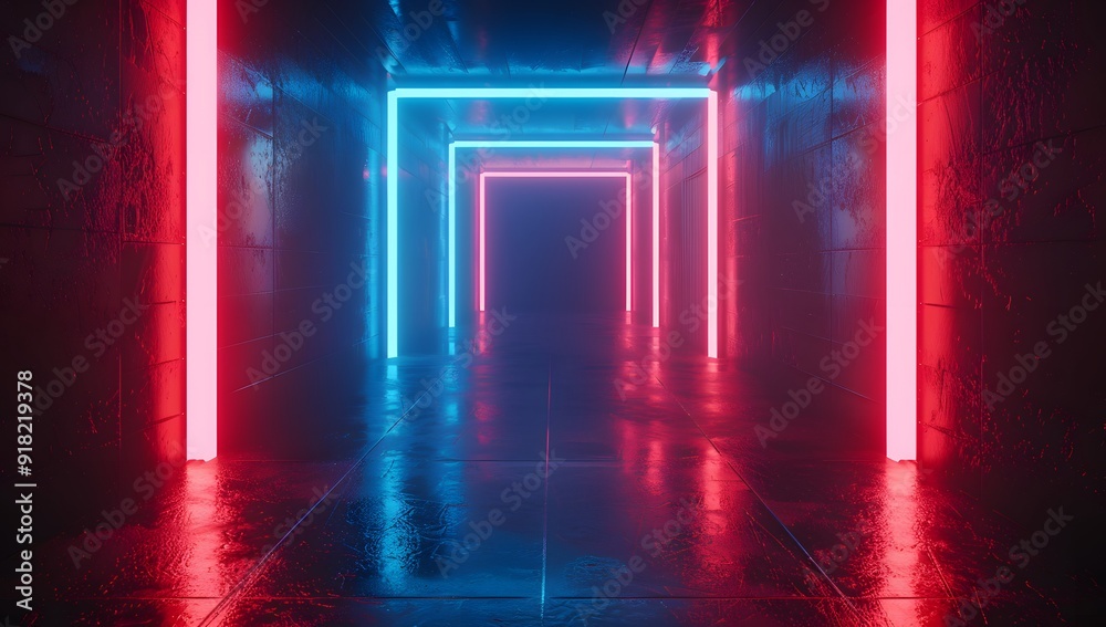 3d render, abstract futuristic background with neon blue and red light in dark room. Digital wallpaper for video game or motion design. 3d render, abstract futuristic background with neon blue and red light in dark room. Digital wallpaper for video game or motion design.