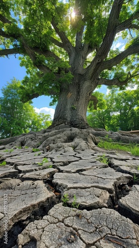 A towering tree with roots lifting and cracking asphalt, showcasing nature's resilience.