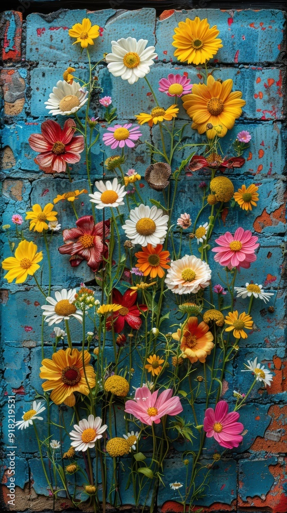 A vibrant bouquet of wildflowers bursting through a brick wall, urban decay transformed. A vibrant bouquet of wildflowers bursting through a brick wall, urban decay transformed.