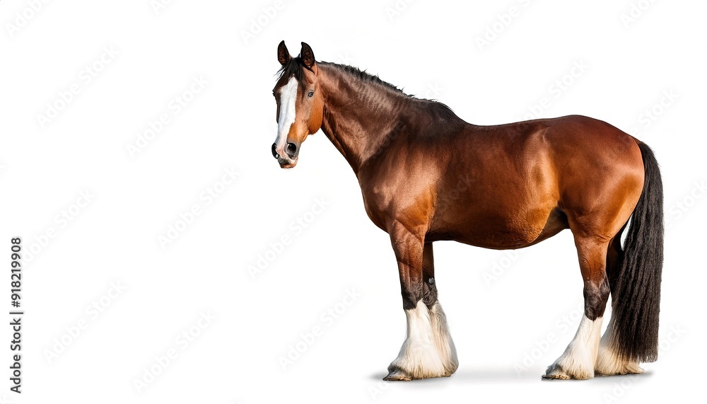 Fototapeta premium close up view of a brown Clydesdale, a Scottish breed of draught horse. isolated on white background with copy space. cute adorable farm livestock mammal animal concept