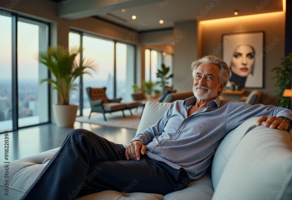 A photo of a penthouse homeowner person relaxing in the apartment with a skyline cityscape view A photo of a penthouse homeowner person relaxing in the apartment with a skyline cityscape view