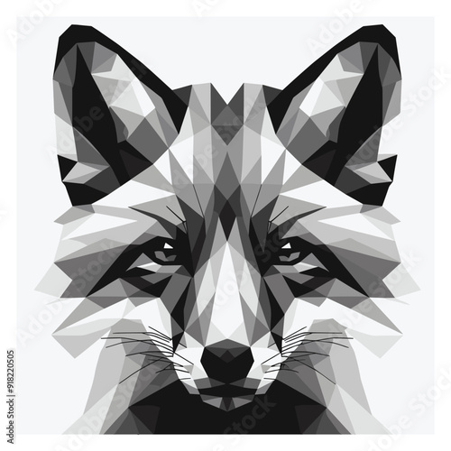 Low poly geometric fox vector in black and white isolated on white, modern wall art decor