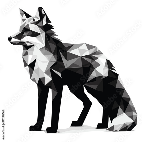 Low poly fox silhouette vector in grayscale isolated on white background, modern decor