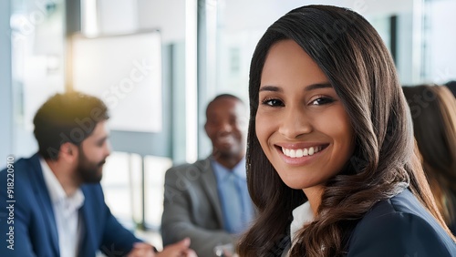 Joy on the face of a business lady. Smiling business woman in the office at a team meeting.