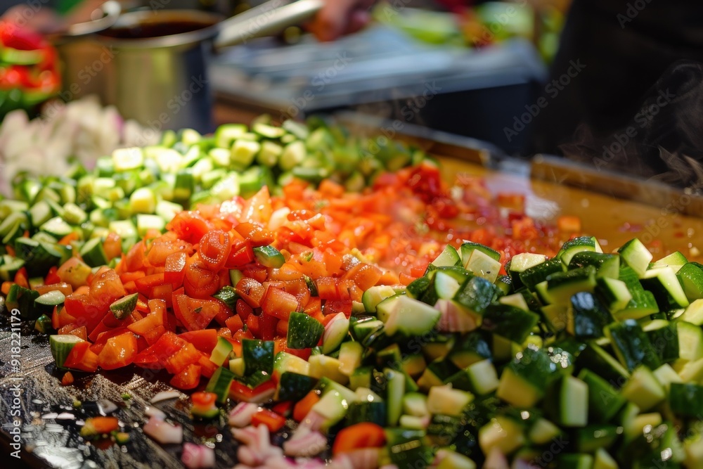 Obraz premium Colorful array of freshly chopped vegetables including tomatoes, zucchini, and onions at a food market