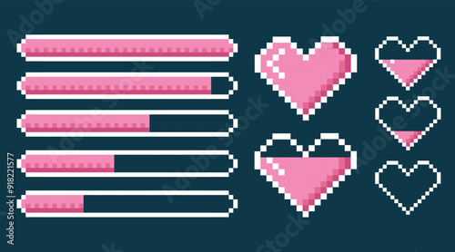 Pixel heart iсon set in retro style. the level of health in the game a strip of life and heart in pink