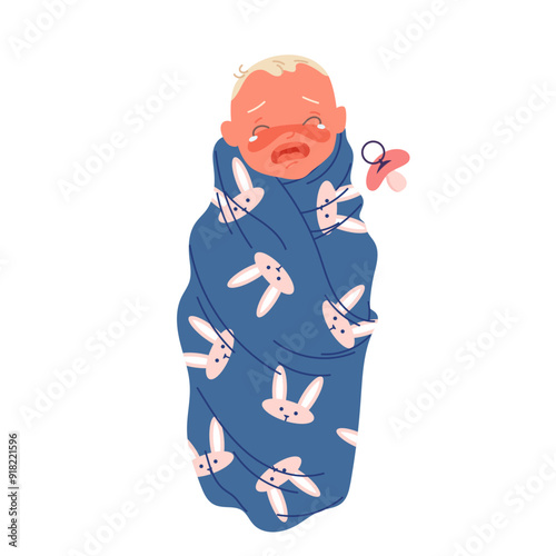 Unhappy baby crying, dummy falling out of mouth, babysitting. Angry newborn boy wrapped in funny blue nappy with rabbits, top view of tired hungry child and pacifier cartoon vector illustration
