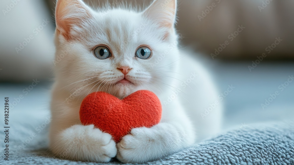 Adorable white kitten holding a red heart toy, representing love and affection in a cozy setting. Adorable white kitten holding a red heart toy, representing love and affection in a cozy setting.