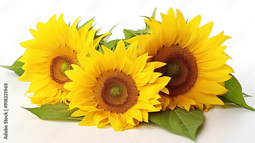 Obraz premium Three Sunflowers on a White Background