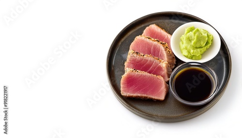 crusted seared raw Ahi Tuna Steaks - aka known as yellowfin or bigeye tuna fish - Thunnus albacares - with green wasabi and soy sauce isolated on white background with copy space. A popular appetizer photo