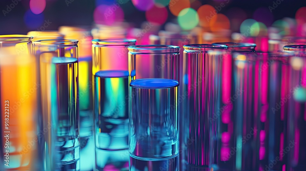 Science lab scene with rows of test tubes and vials, vibrant liquids creating a dynamic composition. Science lab scene with rows of test tubes and vials, vibrant liquids creating a dynamic composition.