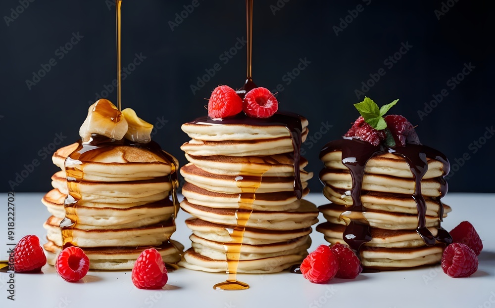 close view of pancakes with berries close view of pancakes with berries
