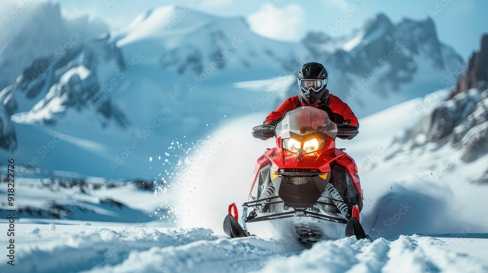 Adventurous Snowmobiler Riding Through Pristine Snowy Mountains on a Sunny Winter Day Adventurous Snowmobiler Riding Through Pristine Snowy Mountains on a Sunny Winter Day