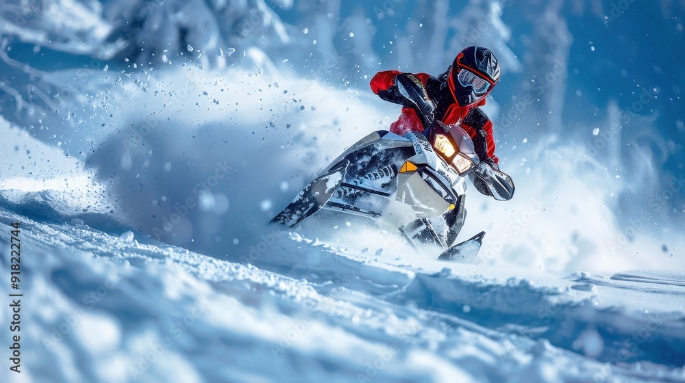 Thrilling Snowmobile Ride Through Fresh Powder Snow in Winter Wonderland