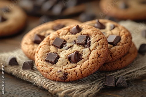 closeup of perfectly baked chocolate chip cookies with melty chunks arranged artfully on a rustic wooden surface